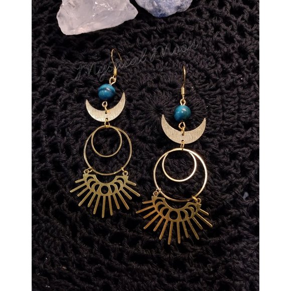 Moon Phases Sunshine Dangle Earrings with Blue Tigers Eye Boho Celestial - Picture 6 of 7